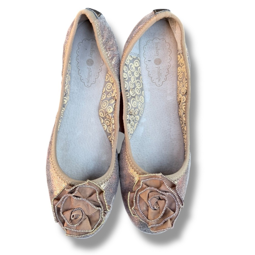 Lindsay Phillips Liz Ballet Flats Metallic Bronze Leather Rose Embellishment 6.5 - Picture 10 of 16